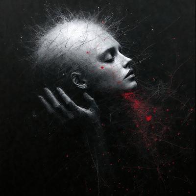 The primary subject of the image is a woman with a shaved head, who is lying down and appears to be sleeping. The setting is a dark room, and the visual style is a black and white drawing. The woman's head is surrounded by red drips, which adds a dramatic and moody atmosphere to the scene.